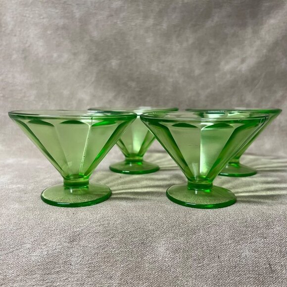 Vintage Federal Uranium Green Depression Glass Sherbets Dessert 4 Ribbed Optic - Picture 8 of 8